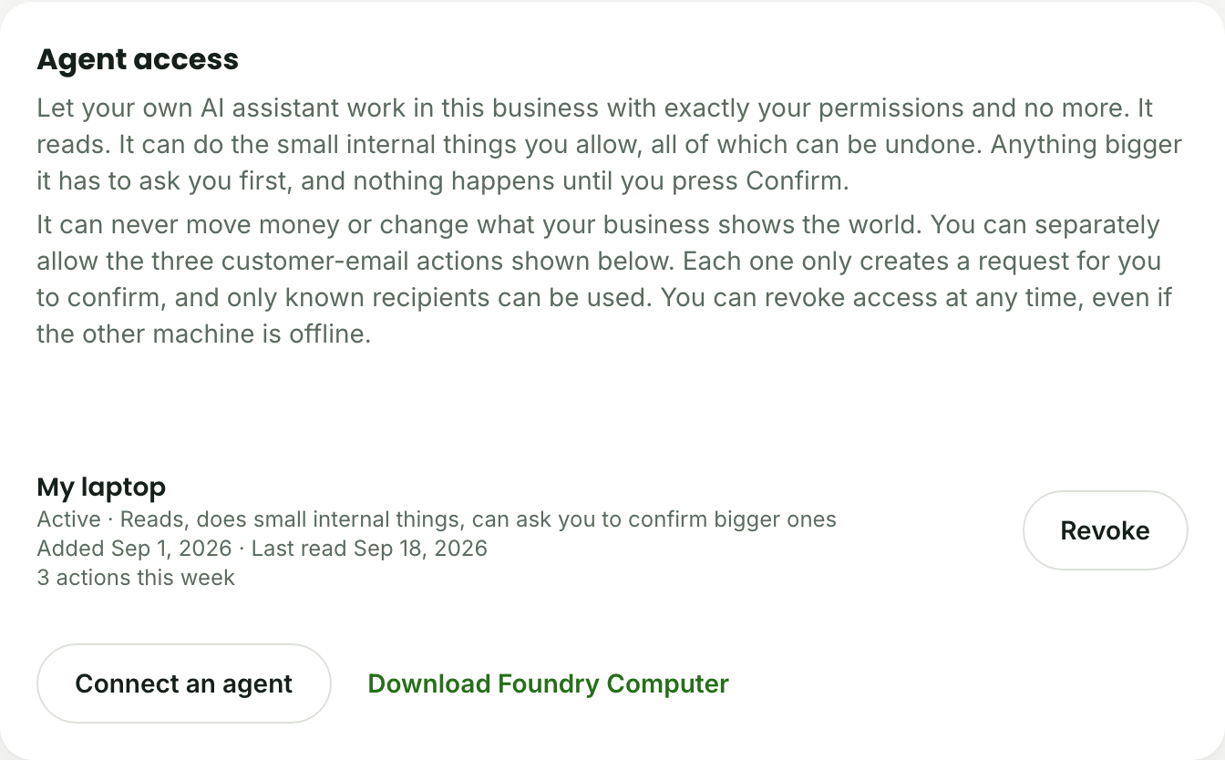 The Agent access panel in Foundry, under Profile then Security: a connected credential, its permissions, and the connect and download controls